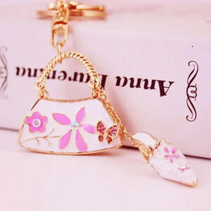 Pink Crystal Keyring Handbag Butterfly design Keychain with pretty Shoe Charm